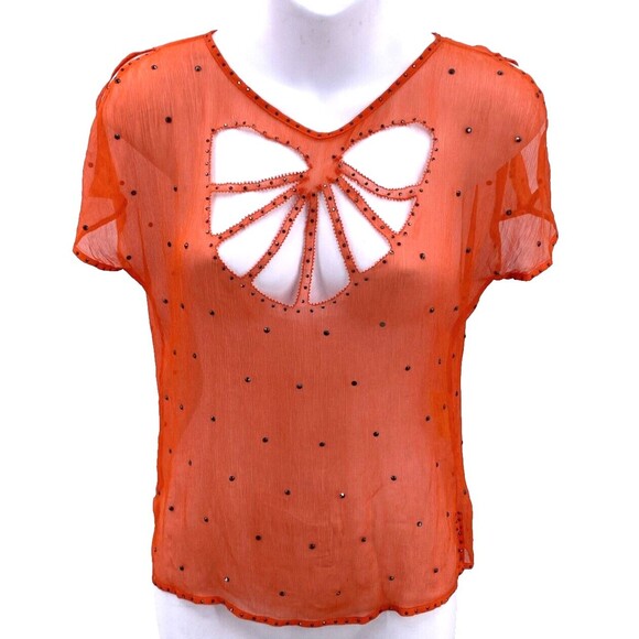 Catherine Malandrino Tops - Catherine Malandrino Blouse XS Orangeade Silk Chiffon Sheer Cutout Rhinestone P